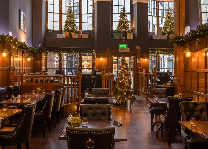 Interior of Barnstaple Restaurant 63 The Bank decorated for Christmas
